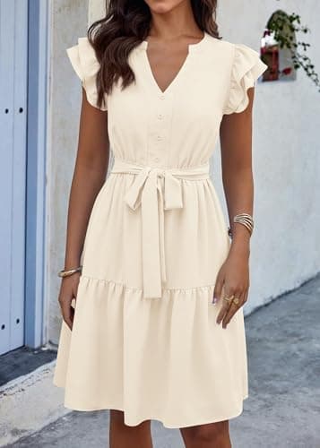 KIRUNDO Summer Dresses for Women 2026 Spring Flutter Sleeve V Neck Ruffle Flowy Tiered Knee Length Beach Vacation Sundress(Beige, XX-Large) - Thumbnail 5