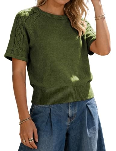 Yeokou Womens Short Sleeve Sweater Oversized Round Neck Cable Knit Pullover Spring Summer Casual Top Blouse(ArmyGreen-S) - Image 1