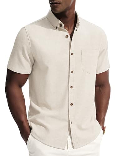 PJ PAUL JONES Mens Dress Shirts Short Sleeve Button Down Men Cotton Linen Summer Beach Collar Shirt with Pocket for Formal Work Apricot - Image 1