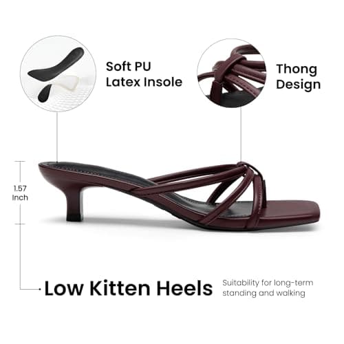 Athlefit Kitten Heels for Women Burgundy Flip Flop Strappy Low Heels Square Toe Dressy Party Heeled Thong Sandals Size 9.5 - Thumbnail 4