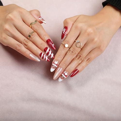 Christmas Press On Nails, Yacey Reusable Almond Fake Nails, Santa Claus French Tip Thick Acrylic False Nails Press Ons Cat Eyes, Red 3D Artificial Glossy Glue on Nails for Women Girls 24Pcs/12 Sizes - Image 1