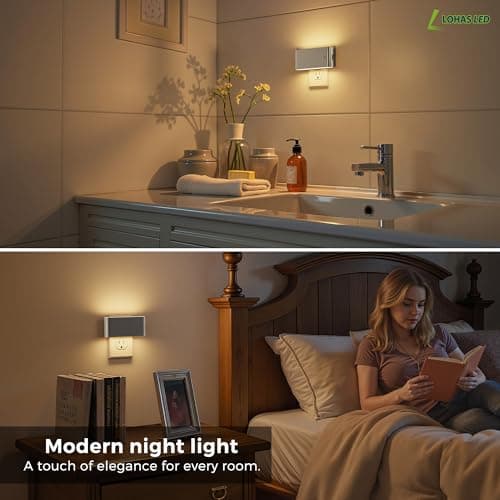 L LOHAS LED Night Light, 2 Pack Dimmable Modern LED Night Lights Plug into Wall,Dusk to Dawn Sensor Night Lights for Kid, 0-100LM 3000K Soft White Nightlight for Hallway Bedroom Stairway(Silver) - Thumbnail 6