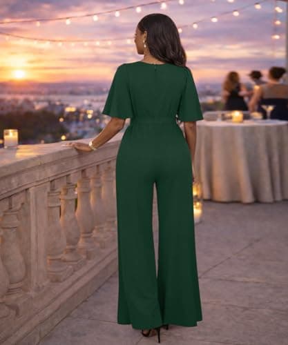 ABKY Jumpsuits For Women Dressy Batwing Sleeve Belted Wide Leg Romper Formal Wedding Evening Party Jumpsuit One Piece Outfits Deep Green M - Thumbnail 3