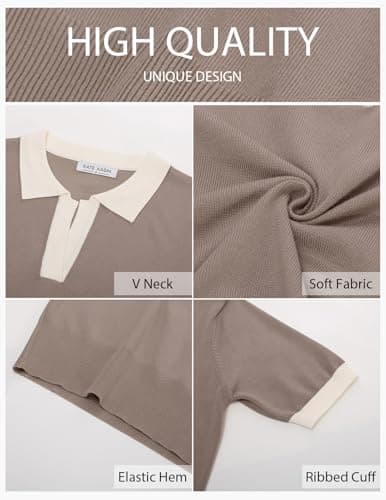 Kate Kasin Women Summer Color Block V Neck Knitted Polo Sweaters Tops Short Sleeve Shirt Casual Pullover Sweater Apricot XXL - Thumbnail 4