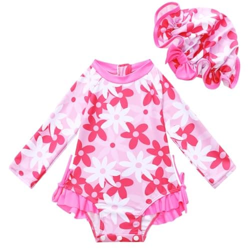 AMAWMW Infant Baby Girl Swimsuit Long Sleeve One-Piece Swimwear with Hat Rash Guard Floral Zipper Bathing Suit Beach Wear - Image 1