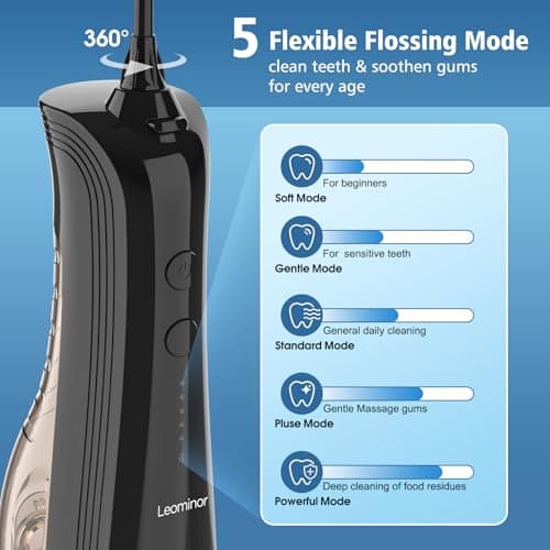 Leominor Water Dental Flosser - 5 Modes Cordless Portable Oral Irrigator, IPX7 Waterproof, Rechargeable Teeth Cleaner Upgrade Datchable Tank Professional Flossing Cleaning Pick for Home Travel (Black) - Thumbnail 2