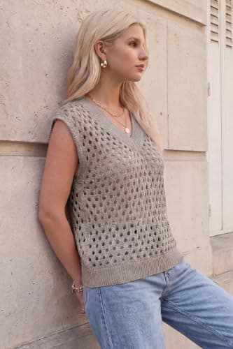 Arach&Cloz Women's Cashmere Wool Blend Knit V-Neck Loose Sleeveless Pullover Crochet Cap Hollow Out Dressy Casual Travel Vacation Beach Cover Up Sweater Vests Top Fall Summer Brown L - Thumbnail 4