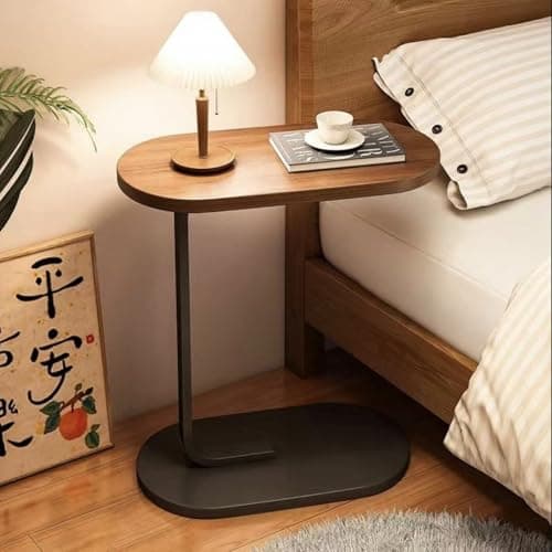 C Shaped Side Table, Modern C Shaped End Table for Small Spaces, Small Couch Side Tables That Slide Under, Wood Coffee Table for Sofa and Bed, 18”L X 12”W Tabletop (Walnut+Black) - Thumbnail 3