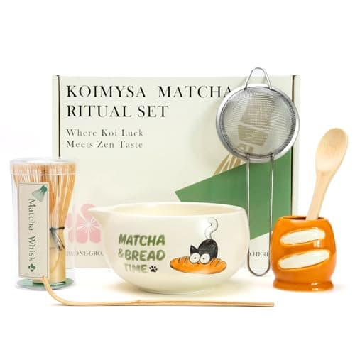 KOIMYSA Matcha Whisk Set with Cat and Bread Pattern, Traditional Authentic Matcha Whisk Kit With Ceramic Spout Bowl, Bamboo Whisk & Stainless Steel Sifter, Chasen and Chashaku