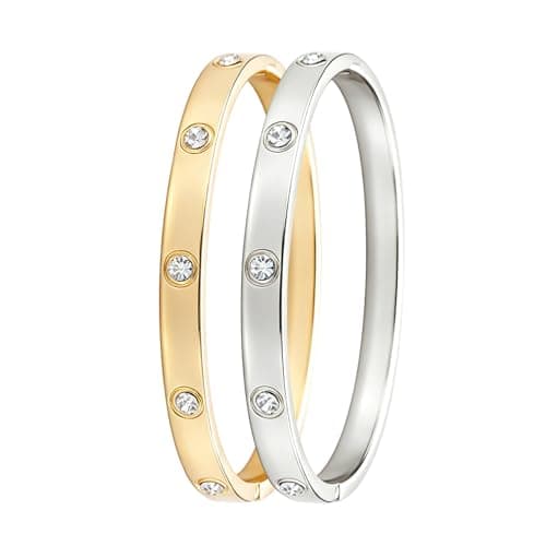 2 Pack 18K Gold Plated Zinc Alloy Love Couple Bangle Bracelets for Women, AAA Cubic Zirconia Inlaid Fashion Bangle, Dainty Trendy, Waterproof, Non Tarnish, Fashion Jewelry Accessories, Gift Idea for Mother's Day, Valentine's Day, Christmas and Birthdays （Gold & Silver） - Image 1