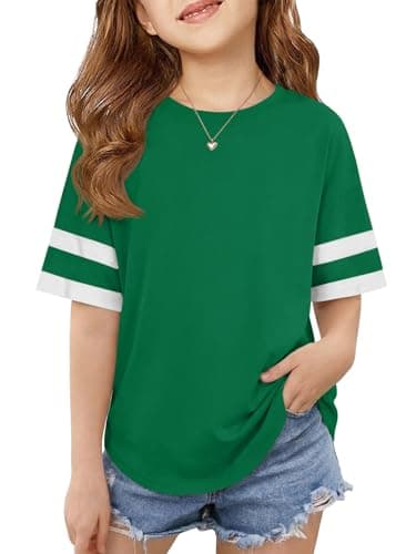 ZDC Girls Striped Short Sleeve T Shirts Kids Crewneck Loose Fit Tunic Tops Summer Tees Blouses 5-14 Years Green - Image 1