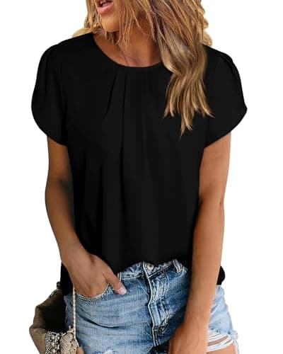 PRETTYGARDEN Women's Tops 2026 Casual Summer Round Neck Short Sleeve Basic Pleated Loose Fit Blouses Plain Tunic Shirts(Black,Small) - Image 1