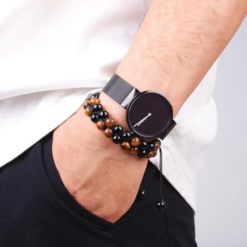 PAKUNDAS Handmade Double Protection Beaded Bracelet for Men Women 8mm Natural Tiger Eye Hematite Stone Adjustable Stretch Crystal Healing Jewelry - Thumbnail 4