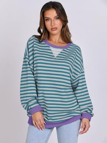 ANRABESS Women’s Striped Oversized Sweatshirts Crew Neck Long Sleeve Shirts Soft Color Block Pullover Top Fashion Clothing Green Grey Large - Thumbnail 2