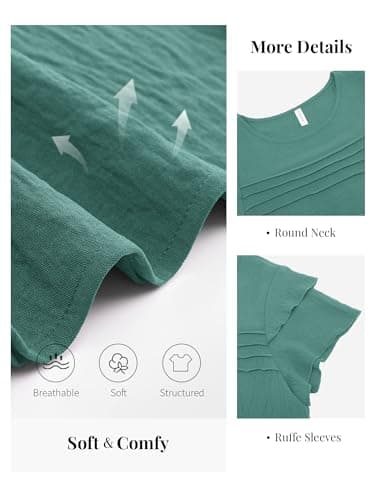 Funlingo Womens Tops Dressy Casual Summer Ruffle Short Sleeve Blouses Crew Neck Pleated Office Work Shirts 2026 Business Casual Outfits Turquoise S - Thumbnail 5
