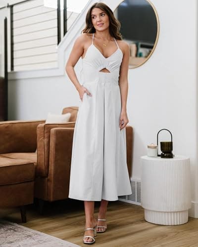 BTFBM Women 2026 Spaghetti Strap Midi Summer Dresses Sleeveless V Neck Cutout Slit Casual Beach Party Maxi Dress Pockets(White, Medium) - Thumbnail 6