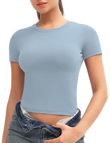 THE GYM PEOPLE Women's Workout Crop Tops Short Sleeve Slim Fit Soft BreathableSummer Yoga Running Casual Basic Tee Shirts Denim Blue - Image 1
