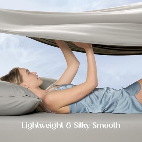 Dream Valley Cooling Sheets Queen Size, Cooling Fitted Breathable Bed Sheets & Flat Sheet with 2 Pillowcases-4 PCS for Night Sweats & Hot Sleepers, Q-Max >0.45 Aerocool, Deep Pocket 16",Quiet Gray - Thumbnail 5