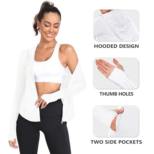 AGVNG Womens UPF 50+ Long Sleeve Hooded Sun Jackets Lightweight Sun Protection Clothing SPF Cooling Shirts Workout Athletic Hiking Running Tops Thumb Hole White M - Thumbnail 5