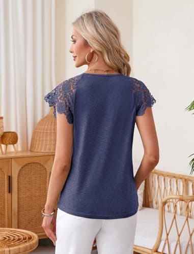 Angashion Womens Tops Lace Short Sleeve Casual V Neck Tunic with Button Summer Elegant Business Work Blouse Navy Blue X-Large - Thumbnail 3