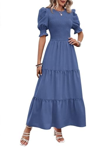 BTFBM Women Casual Summer Dresses 2026 Spring Crew Neck Ruffle Short Sleeve Smocked Floral Boho Flowy Maxi Dress Clothes(Solid Grey Blue, X-Large) - Image 1