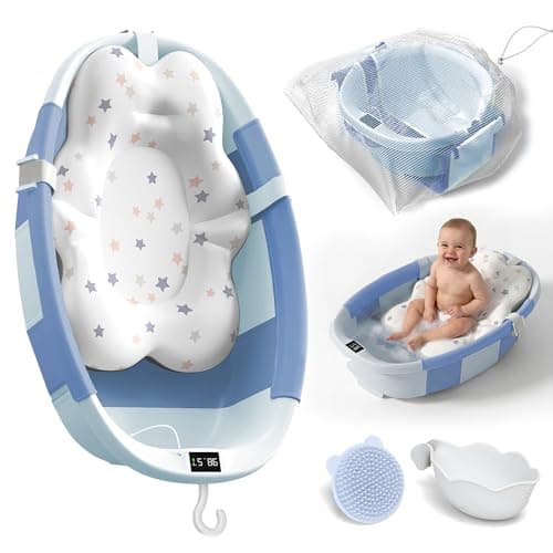 Collapsible Baby Bathtub - Large Baby Bath Tub with Thermometer | Bath Essential Bañera para Bebe Easy Fold Baby Tub | Travel Infant Newborn Toddler Bathtub for Baby Girl Boy 0 to 36 Months (Blue)