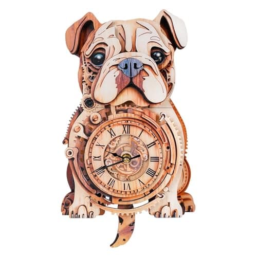 Kosmickiss Wooden Models for Adults to Build-Bulldog Clock with Swinging-3D Wooden Puzzles for Adults-Dog Mom Gifts for Women-DIY Clock Kit