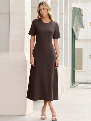 ANRABESS Womens Summer Maxi Dresses Casual Short Sleeve Elegant Classy Vintage 2026 Spring Flowy Cocktail Dress 80s Outfit Brown Small - Thumbnail 3