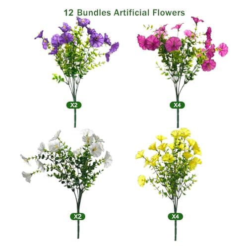 Fanfantoey Artificial Silk Morning Glory Faux Flowers for Porch Patio Gardens Home Decor, 4 Mixed - Thumbnail 3