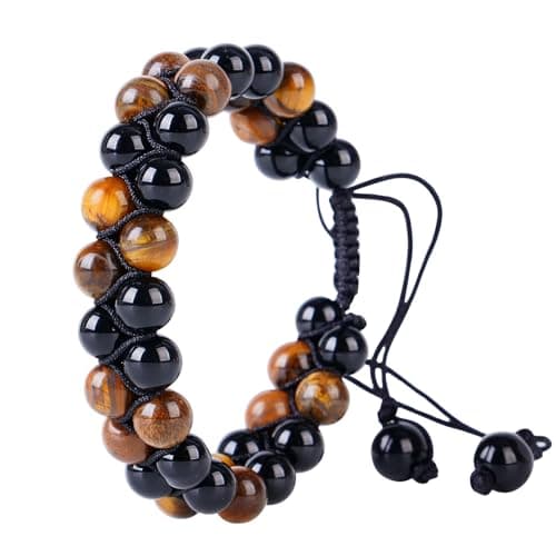 PAKUNDAS Handmade Double Protection Beaded Bracelet for Men Women 8mm Natural Tiger Eye Hematite Stone Adjustable Stretch Crystal Healing Jewelry - Thumbnail 3