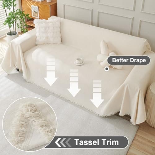 OstepDecor Chenille Couch Cover, Beige Sofa Covers Washable, Sectional Couch Covers for Sofa L Shape, Couch Blanket Cover, Non-Slip Sofa Slipcovers for Dogs, Pets, 71" x 102" - Thumbnail 3