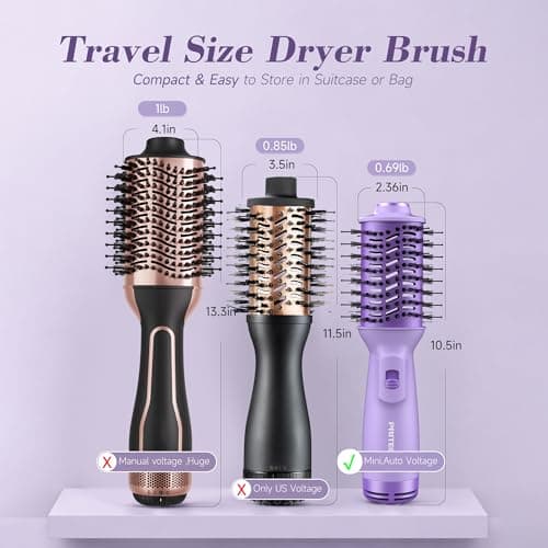 PRITECH Auto Dual Voltage Hair Dryer Brush for Travel,Ionic Hair Styler - Thumbnail 2