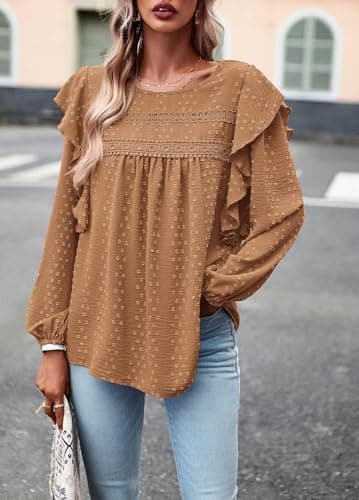 PRETTYGARDEN Spring Tops for Women 2026 Ruffle Sleeve Blouses Swiss Dot Crochet Loose Fit Tunic Dressy Casual Business Work Shirts (Brown, XXL) - Thumbnail 3
