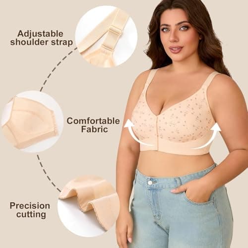 Daisy Bras for Older Women Front Closure – Wireless Plus Size Bra, No Underwire, Comfortable Snap Closing Bra for Seniors (US, Alpha, 4X-Large, Plus, Regular, Nude) - Thumbnail 2