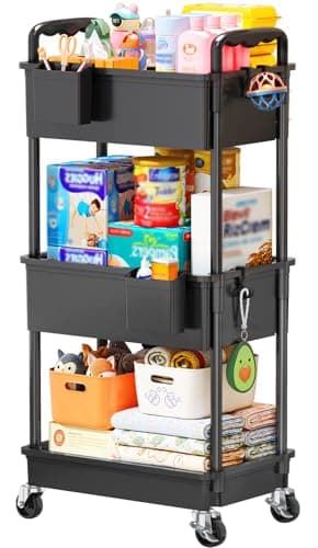 SUNALLY Baby Diaper Caddy Cart, 3 Tier Rolling Diaper Cart with Lockable Wheels for Nursery Essentials, Large Capacity & Easy Assemble Diaper Storage Organizer for Newborn,New Mom, Black