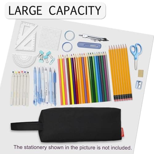 Fmeida Pencil Case Pouch - Water Resistant Pencil Pouch Portable Pencil Bag Simple Office Stationery Pouch with Handle Back to School Supplies - Black - Thumbnail 2