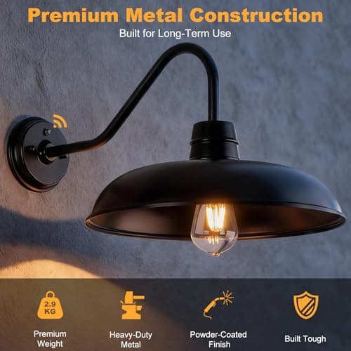 16 Inch Dusk to Dawn Gooseneck Barn Light, 2-Pack Extra Large Farmhouse Porch Lamps, Industrial Vintage Anti-Rust Stain Black Wall Mount Outdoor Fixture with Photocell for Exterior Courtyard Barn Shed - Thumbnail 6
