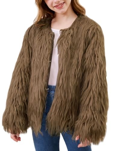 Yimoon Girls Faux Fur Coat Open Front Furry Coats Long Sleeve Parka Shaggy Jacket Winter Warm Fluffy Outerwear 4-12 Years(Brown,150) - Image 1
