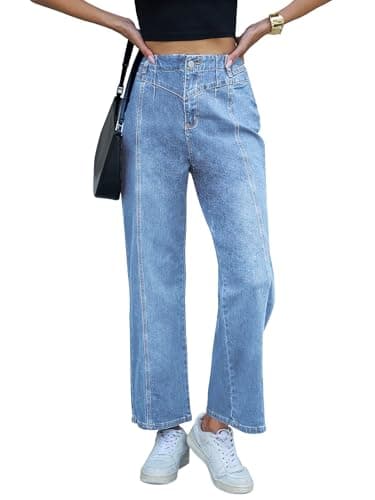 PEIHOT Wide Leg Jeans for Women High Waisted Straight Leg Stretchy Jeans Seamed Paneling Denim Pants Fall Light Blue - Thumbnail 4