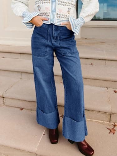 PLNOTME Womens Baggy Cuffed Jeans Casual Straight Leg Boyfriend Denim Pants with Pockets Navy - Thumbnail 6