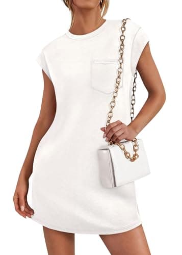 KIRUNDO Summer Mini Tshirt Dress 2026 Cap Sleeve Spring Dresses for Women Loose Casual Crewneck Sundress Beach with Pockets(White, Large) - Image 1