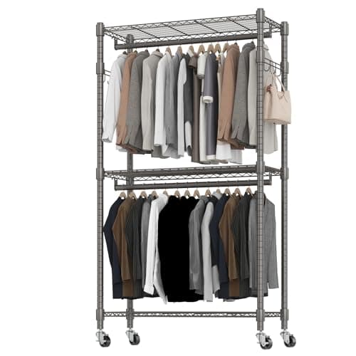 BATHWA Rolling Garment Rack Portable Closet Clothes Rack for Hanging Clothes, Metal Wardrobe Clothing Rack with Wheels and 8 Side Hooks, Double Rods, Adjustable Shelves, Gray - Image 1