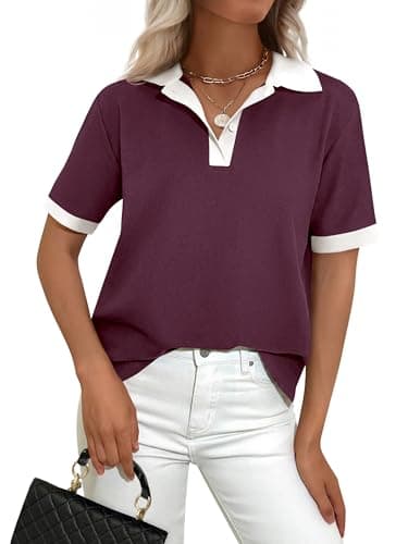 PRETTYGARDEN Summer Short Sleeve Polo Shirts for Women Collared V Neck Work Dressy Tops Knit Loose Business Casual Outfits(Burgundy,Small) - Image 1