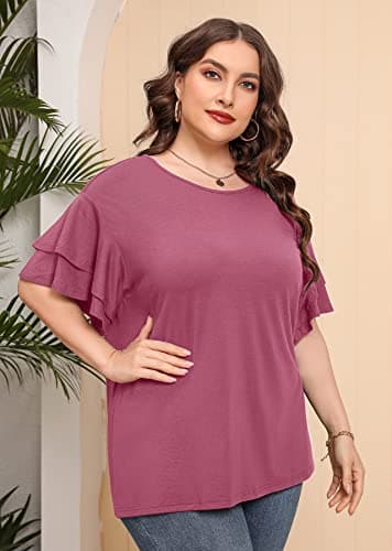 AusLook Plus Size Womens T Shirts Mauve 2X Tunic Double Ruffle Short Sleeve Blouses Crewneck Clothing Tee Ladies Clothes Flowy Dressy Casual Loose Fit Outfits Maternity Summer Tops - Thumbnail 2