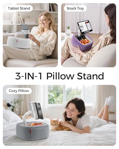 LULULOOK Tablet Pillow Stand, Compatible with iPad, iPhone and 4.7-14.6”Tablet, 360° Adjustable Kindle Pillow Stand for Bed with Ultra Fluffy Fabric & Snack Bowl (Velvety Purple​) - Thumbnail 4