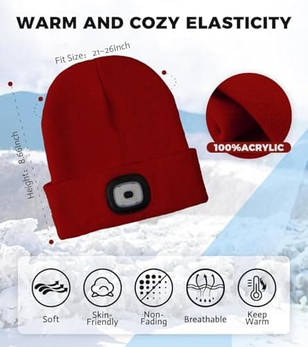 HEYAXA Bluetooth Beanie Hat, USB Rechargeable 4 LED Wireless Music Running Headlamp Cap, Fathers Day Dad Gifts for Husband, Dad, Birthday Gifts for Men, Dad, Father, Women, Him, Her, Red - Thumbnail 5