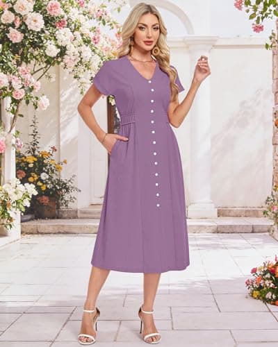 MOLERANI Womens Casual V Neck Short Sleeve Midi Dress 2026 Waffle Knit Button Elastic Waist Pockets Flowy A Line Summer Dress for Beach Vacation Resort Wear Cruise Dresses, Mauve, XL - Thumbnail 6