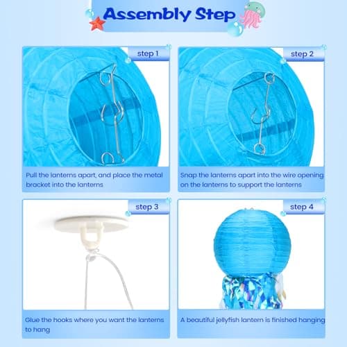 Jellyfish Paper Lanterns,Under The Sea Party Decorations 6Pack with String and Hooks,Hanging Jelly Fish for Mermaid,Ocean Themed,Birthday,Party(Blue 8Inch) - Thumbnail 4