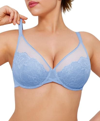 Popilush Minimizer Bra for Women 42DDD Full Bust, Full Coverage Underwire Plus Size Bra with Lifting Support & Floral Lace - Blue Color - Image 1