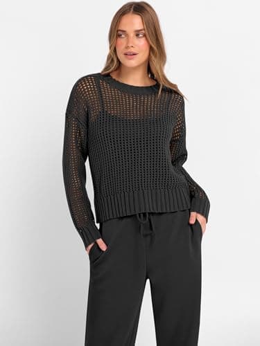 ANRABESS Womens 2 Piece Outfits Crochet Sheer Knit Sweater Top Wide Leg Pants Lounge Set Sweatsuit 2026 Fall Travel Clothes Black Medium - Thumbnail 3